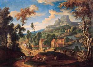 Peasants and travellers on a road by a village in a mountainous landscape