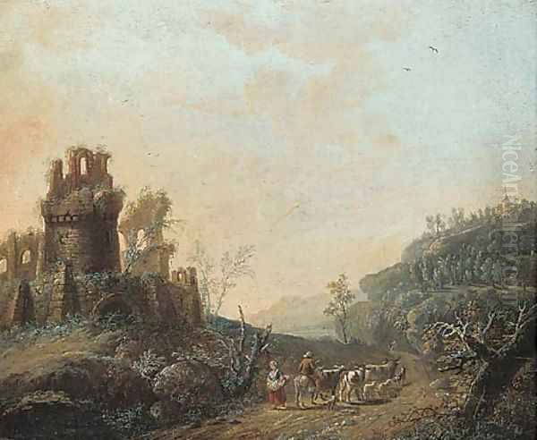 Travellers on a path near a ruined castle - view 1