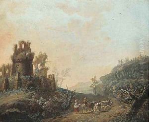Travellers on a path near a ruined castle by Maximillian Joseph Schinnagl
