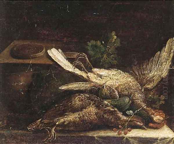 Two dead game birds with a pie, courgettes and other vegetables on a draped table - view 1