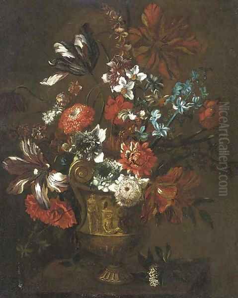 Parrot tulips, chrysanthemums, morning glory, narcissi and other flowers in an urn on a ledge - view 1