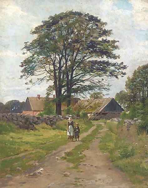 Figures on a beaten track, with a farmhouse beyond - view 1