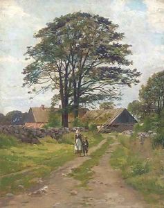 Figures on a beaten track, with a farmhouse beyond by Danish School