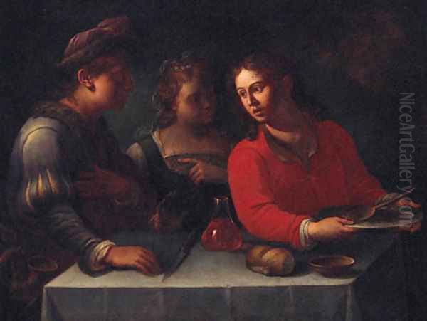 Three figures at a table with a bowl of pulses, a flask of wine, a knife, bread and a bowl - view 1