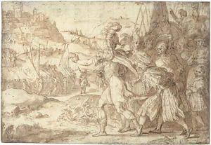 The siege and destruction of Fiesole by the Goths in 405 Design for a tapestry by Friedrich Sustris
