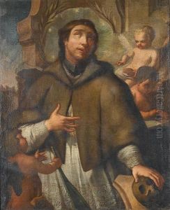 Saint Francis In Meditation Holding A Skull And Surrounded By Three Putti
