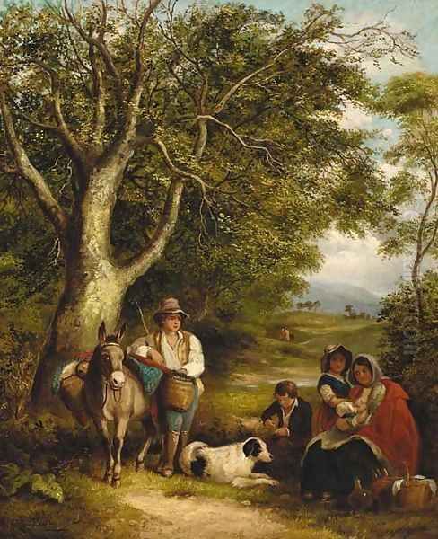 Travellers resting on a wooded track - view 1
