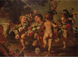 Putti Dancing And Holding Garlands Of Flowers by Francesco Trevisani