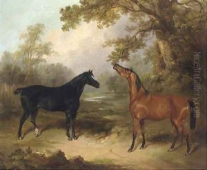 A black horse and a chestnut horse in an oak wood by Charles Henry Schwanfelder