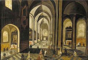 The interior of a gothic church, looking east by Hendrick van, the Younger Steenwyck