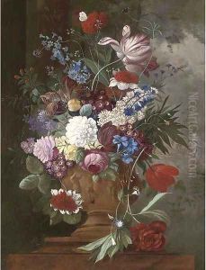 Tulips, roses, carnations, auriculas and other spring flowers in a urn on a ledge