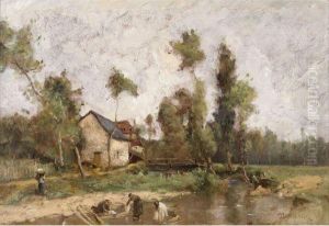 Lavandieres Au Bord D'un Etang by Paul Trouillebert