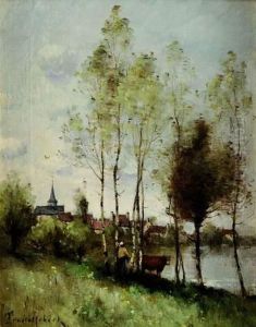 Bergere Et Vache Pres D'un Cours D'eau by Paul Trouillebert
