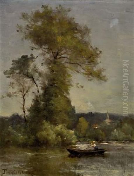 Barque Et Personnage Ramant Sur Une Riviere, Au Loin D'un Village. - view 1