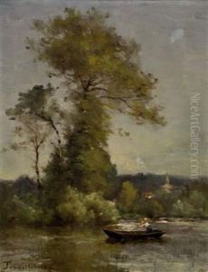 Barque Et Personnage Ramant Sur Une Riviere, Au Loin D'un Village. Barque Et Personnage Ramant Sur Une Riviere, Au Loin D'un Village.