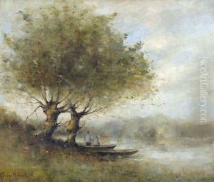 Uferpartie Mit Zwei Anglern Uferpartie Mit Zwei Anglern