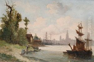 Boats At Anchor With A Town Beyond Boats At Anchor With A Town Beyond