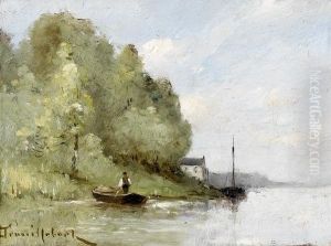 Uferpartie Mit Angler In Boot. by Paul Trouillebert