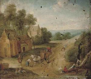 A wooded landscape with figures on horseback by a village by Mattijs Schoevaerdts