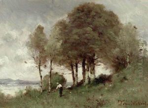 Wooded River Landscape With Peasants. by Paul Trouillebert
