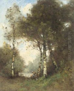 Femme Sous Arbres Au Bord De La Riviere. by Paul Trouillebert