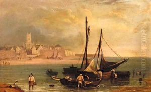 Fishermen by their boats close to shore with a town beyond by Robert Salmon