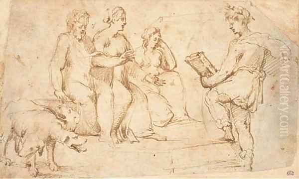 Orpheus in the Underworld singing before Pluto, Cerberus to the left - view 1