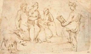 Orpheus in the Underworld singing before Pluto, Cerberus to the left by Tuscan School