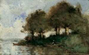 Flusslandschaft Mit Einer Person In Einem Ruderboot by Paul Trouillebert