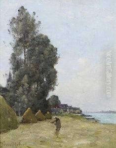 Paysage Avec Personnage Et Meules by Paul Trouillebert