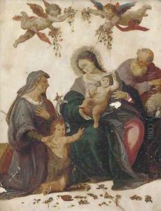 The Holy Family with the Infant Saint John the Baptist and Saint Anne with cherubs scattering flowers by Tuscan School