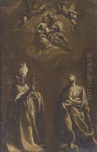 The Virgin and Child appearing to a Bishop Saint and a kneeling female () Saint by Tuscan School