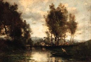A Punt In A River Landscape by Paul Trouillebert