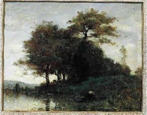 . Barque Au Bord De L'etang. Huile Sur Toile Signee En
 Bas A Droite.56 X 72 Cm