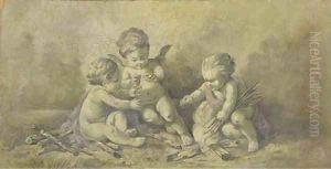 Three putti lighting a fire en grisaille by Piat Joseph Sauvage