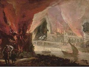 Aeneas fleeing burning Troy with Anchises and Ascanius by Pieter Schoubroeck