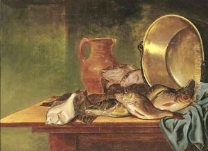 Plaice, red gurnard and other fish in a basket by Pieter Van Schaeyenborgh
