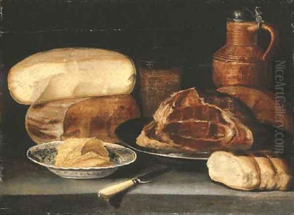 A ham on a pewter dish, a cheesestack, a jug, a glass, butter in a blue and white porcelain dish, bread and a knife on a ledge - view 1