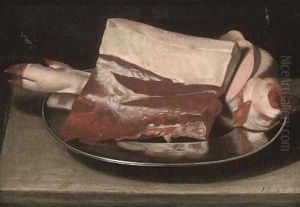 A leg of pork on a pewter plate, on a table