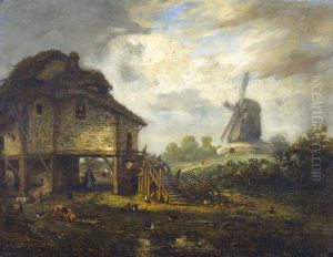 Landschaft Mit Bauernhaus Und Windmuhle by Constant Troyon