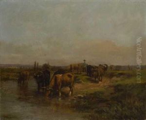 Hirte Mit Rindern Am Wasser by Constant Troyon