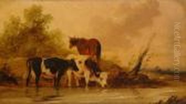 Attributed Cows And Horse Near The Watering Place by Constant Troyon