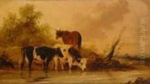 Attributed Cows And Horse Near The Watering Place by Constant Troyon