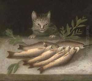 A table of dead fish with a cat looking on