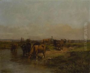 Hirte Mit Rindern Am Wasser. by Constant Troyon