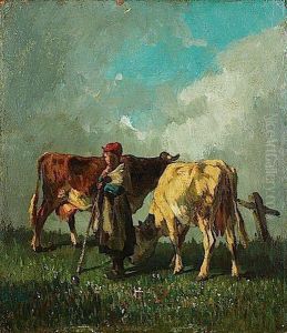Jeune Vachere Gardant Deux Bovins by Constant Troyon