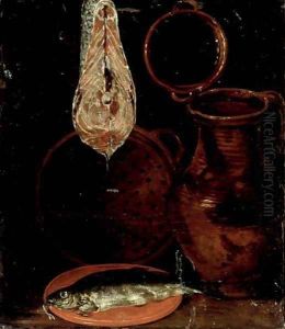 A water jug, a fish on a plate, a cut of salmon and a colander, on a table, a fragment