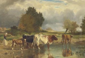 Vaches Et Veau A La Mare (l'abreuvoir) by Constant Troyon