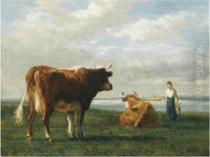 A Cowherdess In A Summer Landscape by Constant Troyon