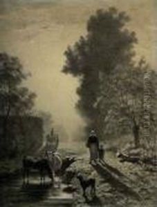 "villageoise Et Son Enfant En Chemin Pres D'un Plan D'eau Avec Vaches Et Chien." "villageoise Et Son Enfant En Chemin Pres D'un Plan D'eau Avec Vaches Et Chien."